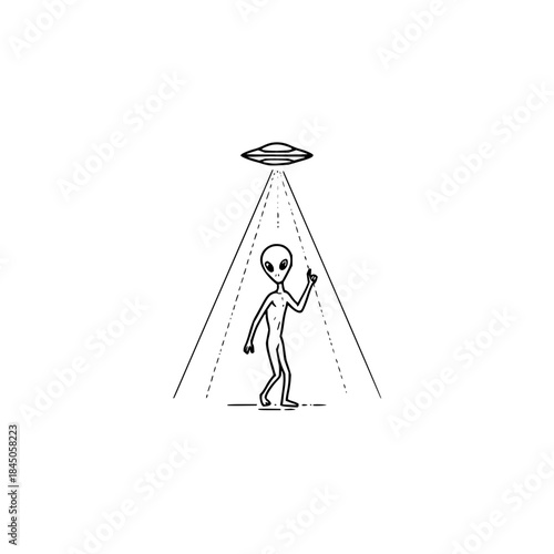 Alien figure under a ufo with light beams in black and white simple illustration style drawing art