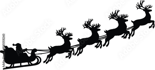 Santa Sleigh with Reindeer Engraving Illustration – Christmas Night Silhouette Vintage Line Art