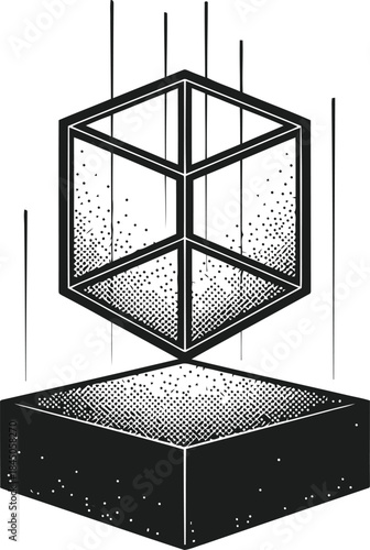 Floating Geometric Cube Engraving Illustration – Abstract 3D Shape Concept Vintage Line Art
