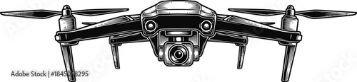 Camera Drone Engraving Illustration – Aerial Photography Technology Vintage Line Art