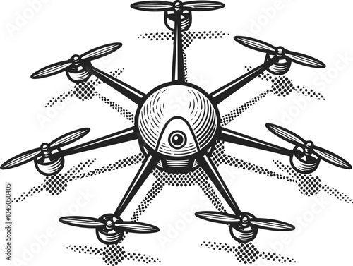 Multirotor Drone Engraving Illustration – Aerial Technology Quadcopter Vintage Line Art