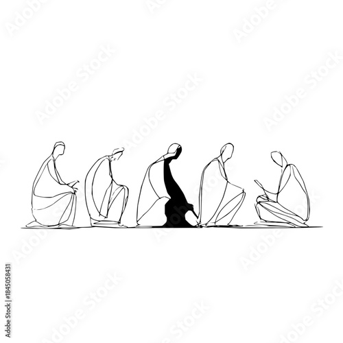 Minimalist line art depicting five seated figures in robes with one figure in contrasting black fill