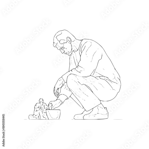 A man in a crouching position is seen interacting with a smaller figure and a bowl in a line drawing