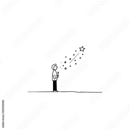 A person looking up at a star with a trail of dots and smaller stars leading to it in a simple drawing