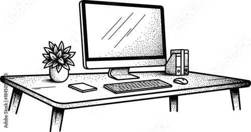 Office Desk Workspace Engraving Illustration – Computer Table Home Office Vintage Line Art