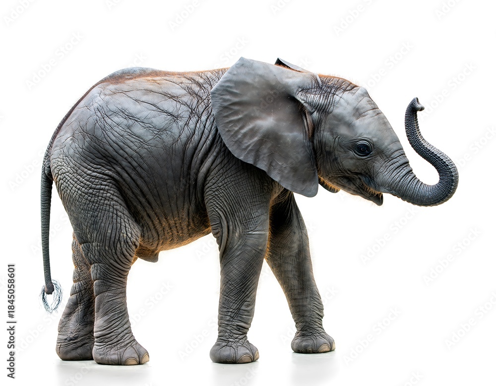 Obraz premium Cute baby elephant posing with raised trunk high resolution photo in a white background