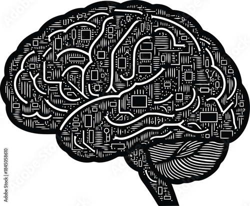 Human Brain Engraving Illustration – Technology Circuit Mind Concept Vintage Line Art