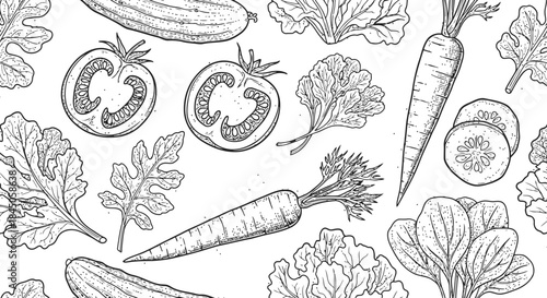 Vegetable Garden Pattern Engraving Illustration – Fresh Produce Botanical Vintage Line Art