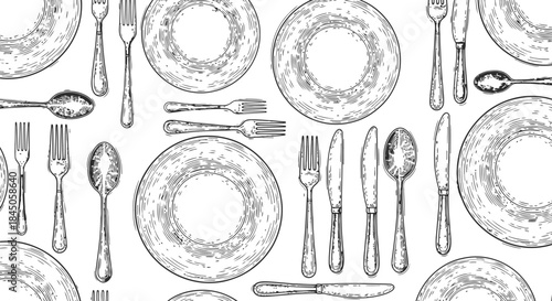 Dining Tableware Pattern Engraving Illustration – Plates Cutlery Vintage Line Art Background