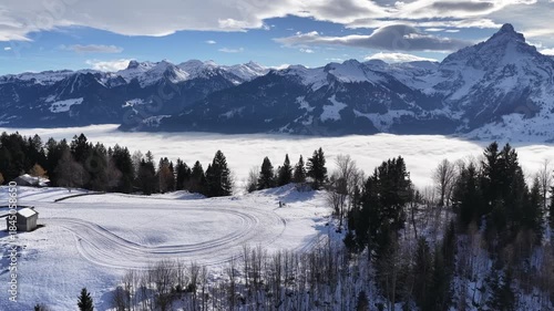 Wallpaper Mural Aerial view of snowy mountains above a fog filled valley in Switzerland during a clear winter day. Torontodigital.ca
