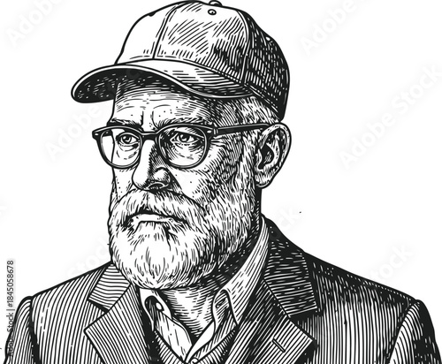 Elderly Man Portrait Engraving Illustration – Bearded Senior Character Vintage Line Art