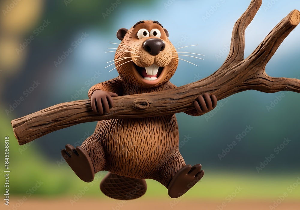 Obraz premium Happy beaver swinging on a branch.