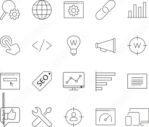 Search engine optimization icons in editable stroke format for various applications