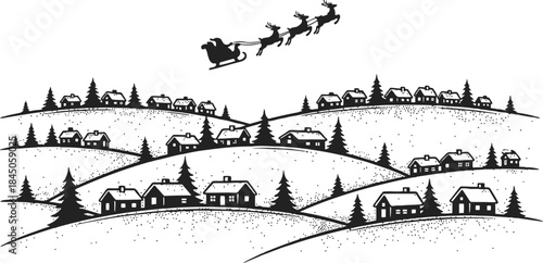 Santa Claus Flying with Reindeer Over Winter Village – Christmas Night Landscape Illustration