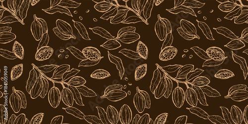 Cocoa beans chocolate background on brown backdrop. Seamless pattern with cacao plants. Gold rich design for food packaging.