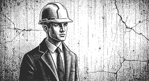 Construction Engineer Wearing Safety Helmet – Vintage Black and White Illustration