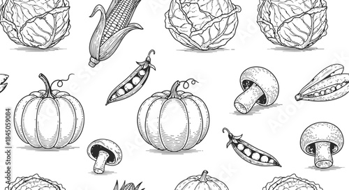 Garden vegetables and produce with soil mounds in a dark monochrome silhouette pattern