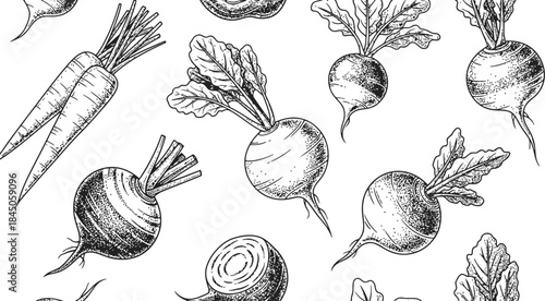 Hand drawn root vegetable pattern featuring carrots and beets on a dark background for culinary use