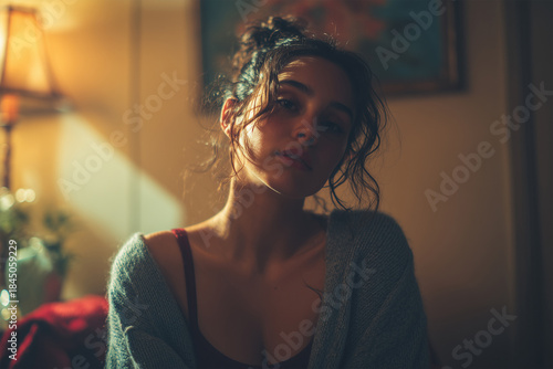 Soft lighting highlights a young woman in a cozy indoor setting during evening hours, captured with a Canon EOS camera, creating a warm and inviting atmosphere for viewers