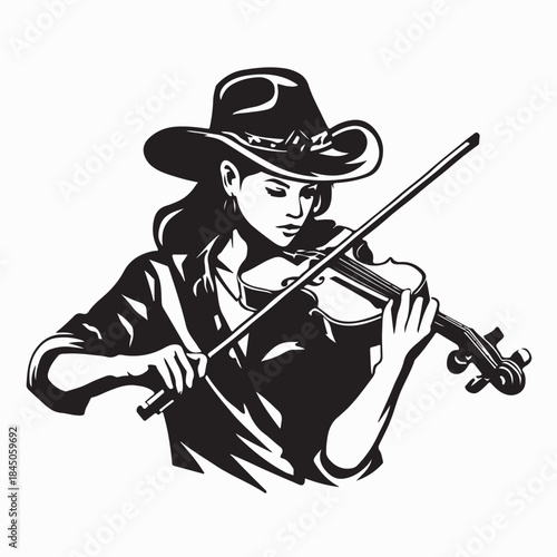 Woman in Cowboy Hat Playing Violin Vector Illustration 