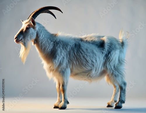 Elegant domestic goat with curved horns high resolution photo in a white background