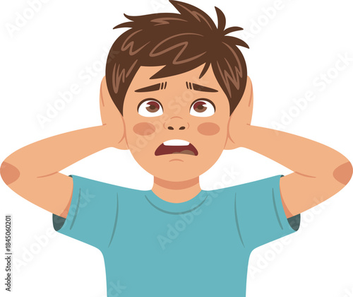 Boy covering ears with hands looking up in distress