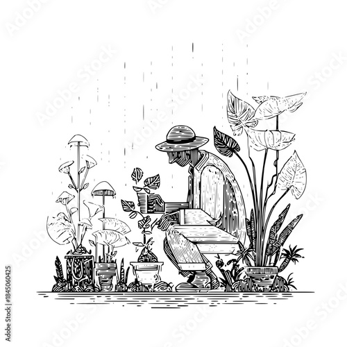 Illustration of a gardener tending to potted plants under a light rain with a hat and detailed line work