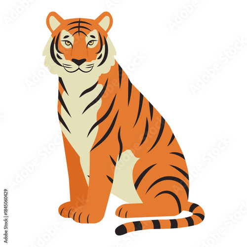 座ってこちらを見つめる虎のフラットデザインイラスト