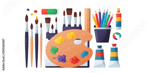 Creative illustration of assorted art supplies including paintbrushes, pencils, and a palette