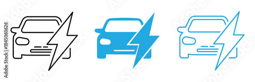 Electric vehicle charging icons. EV car with lightning bolt for sustainable transport. Solid icon of a car at a charging station with a lightning bolt. Electric vehicle charging icon set .