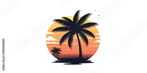 Stylized illustration of a palm tree set against a warm sunset, creating a relaxed tropical atmosphere