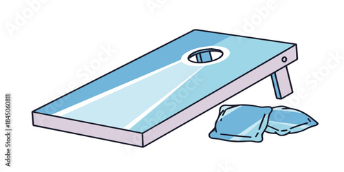 Modern illustration of a cornhole game board with bean bags in a clean flat style