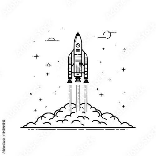 A stylized line drawing of a rocket ship launching into space surrounded by stars and clouds below it