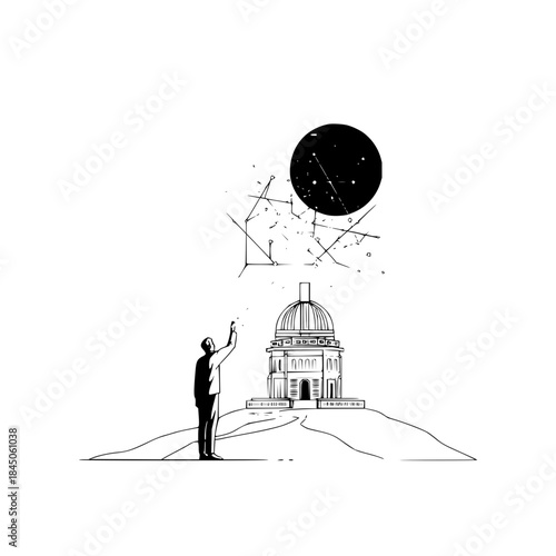 Illustration of a man reaching towards a constellation above a building on a hill in black and white