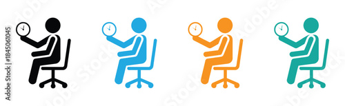 Waiting room icon Flat logo set collection. People sitting in office chairs holding clocks in various colors. Waiting icon sign and symbol.