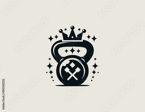 Modern kettlebell crown symbol expressing strength fitness leadership in bold black vector logo illustration