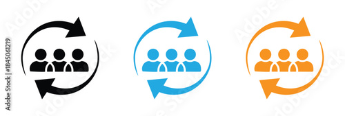 Teamwork and communication icons. Diverse team collaboration exchange and communication concept icons. Rotating arrow and person icon set. Person in circular arrows icon. 
