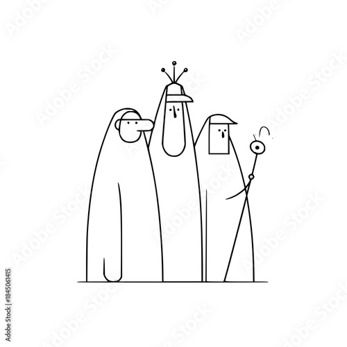 Three figures in robes with unique headwear and one holding a scepter in a simple line drawing style