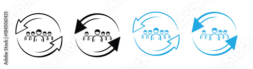 Teamwork and communication icons. Diverse team collaboration exchange and communication concept icons. Rotating arrow and person icon set. Person in circular arrows icon. 