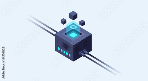 Modern isometric server for data processing with floating cubes, perfect for technology, data storage, and futuristic concepts in vibrant blue tones