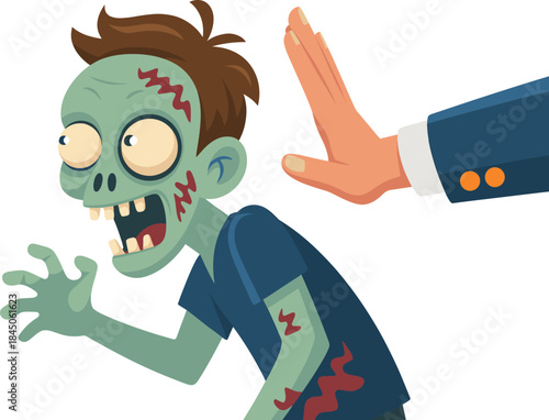 Cartoon zombie stopped by a hand in a suit rejection