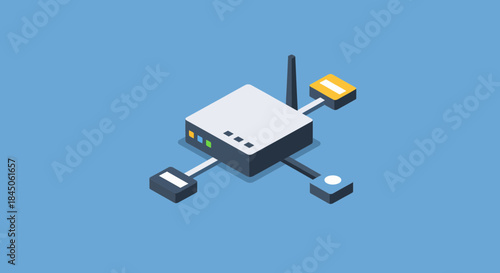 Isometric router illustration for tech startup advertising or modern network infrastructure promotion, seamless connectivity and smart devices integration