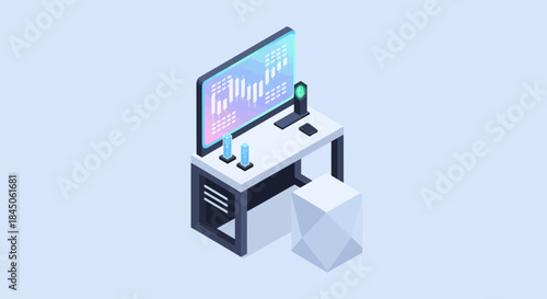 Modern crypto trading workstation with candle charts on monitor, perfect for finance, investment, and technology projects needing a sleek, futuristic look