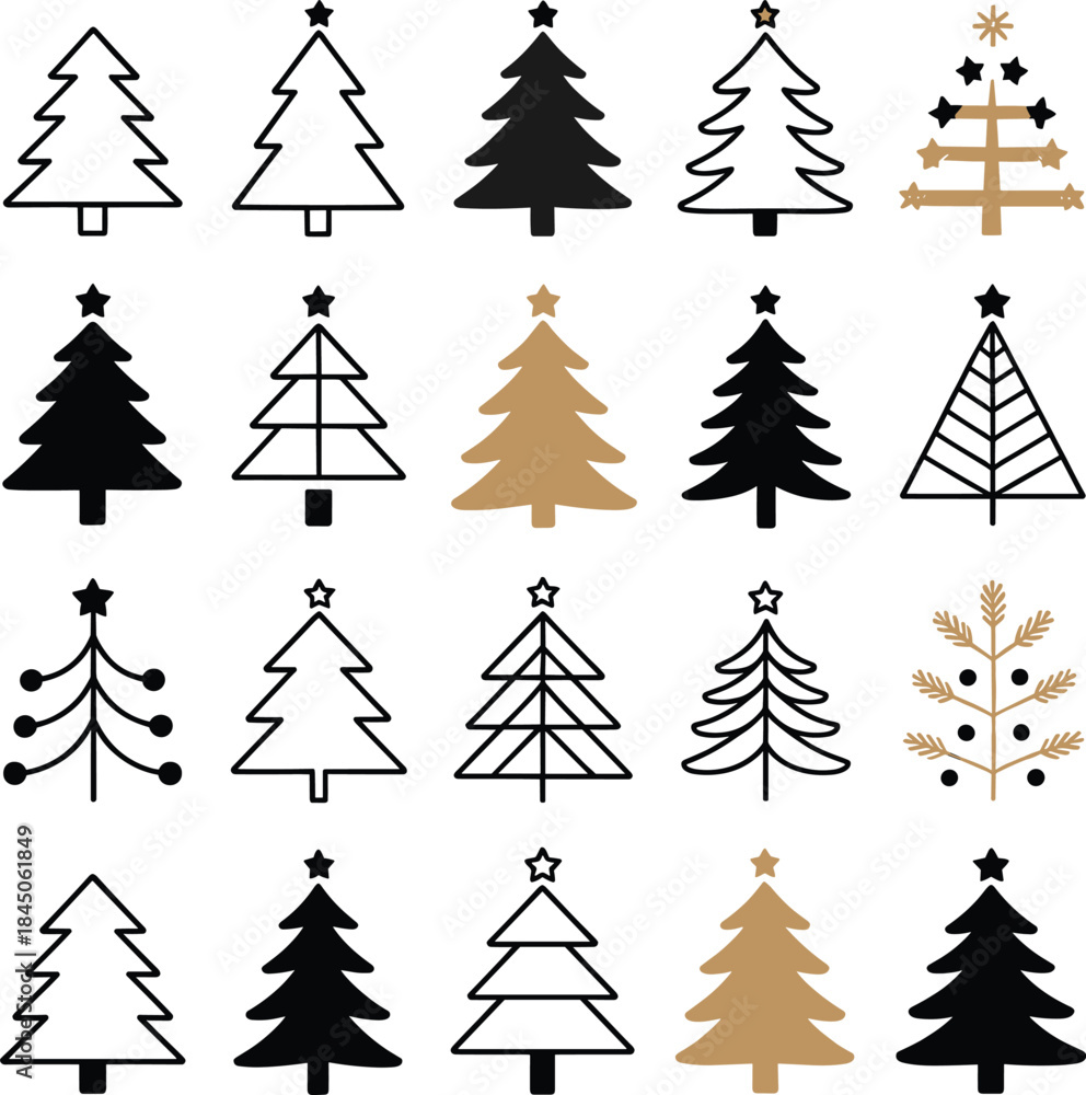 Obraz premium Collection of Christmas tree icons in black gold and white