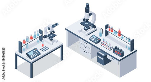Modern lab workspace with microscopes and glassware perfect for scientific research visuals, medical innovation presentations, and pharmaceutical marketing materials