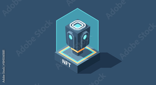 Modern NFT isometric platform graphic artwork for blockchain applications and digital tokenization conceptual designs for cutting edge technology trends