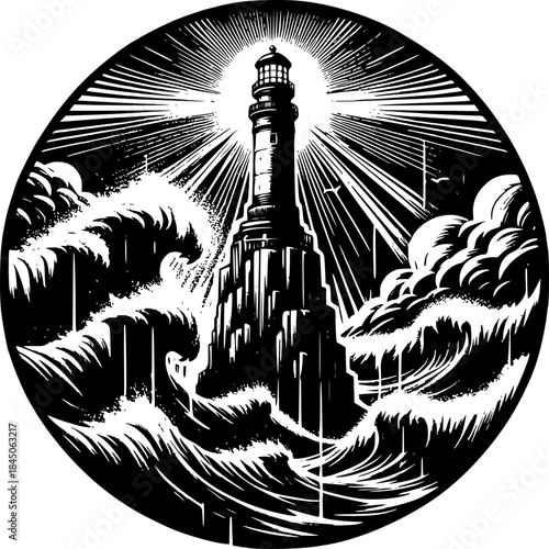 Guiding Light's Resilience: A dramatic monochromatic illustration of a sturdy lighthouse standing tall amidst a tempestuous sea, emanating beams of light to guide lost travelers safely to shore. 