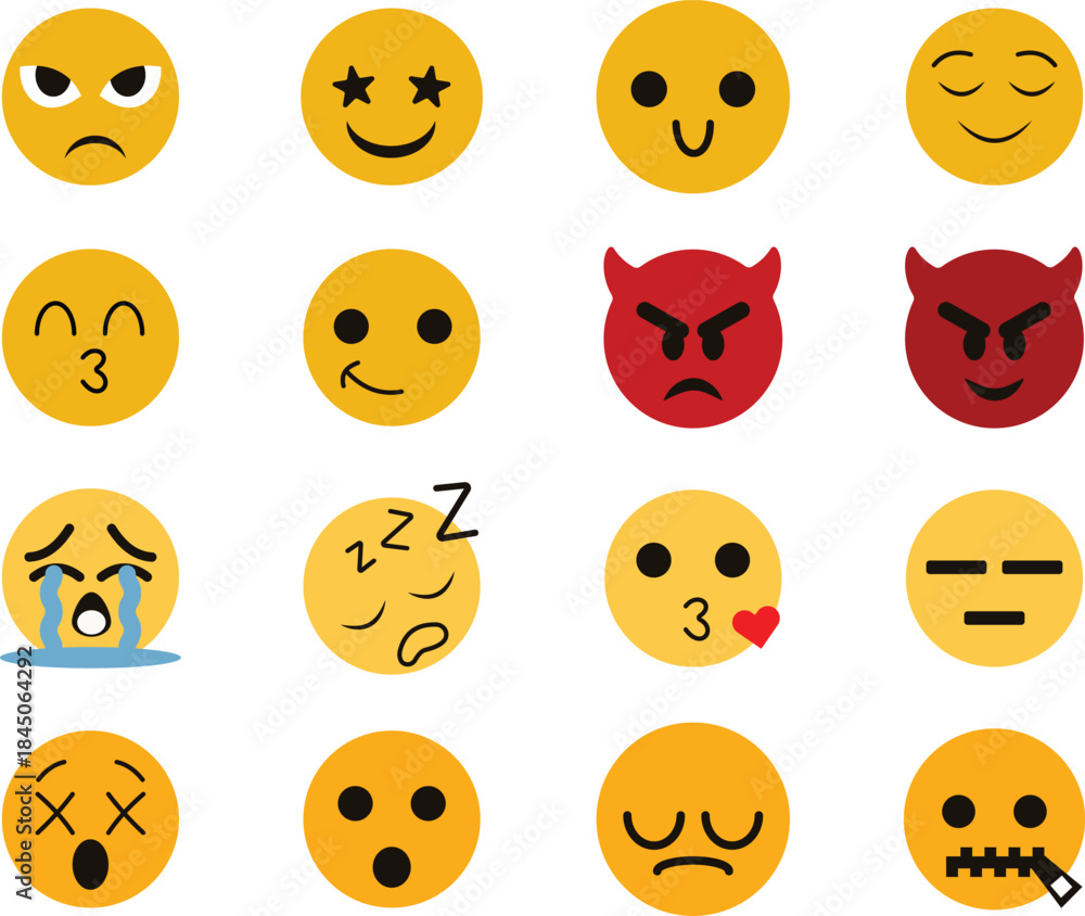 Fototapeta premium 16 ICON FILE, Sad smile face icons set. . Funny vector sticker, social media mood, emotion and feeling&nbsp;chat&nbsp;element.