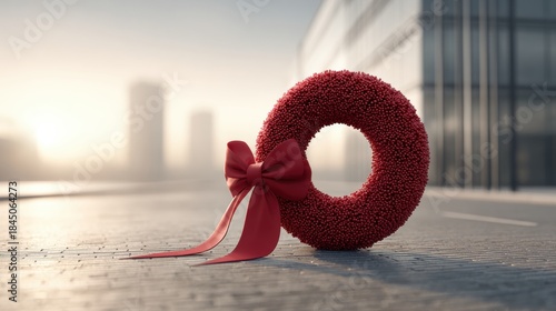 Red decorative wreath with a bow placed on a city street, showcasing holiday spirit and urban ambiance in a modern setting