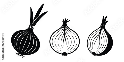 Onion Icon Set – Whole and Cut Onion Vegetable Silhouettes Isolated on White Background